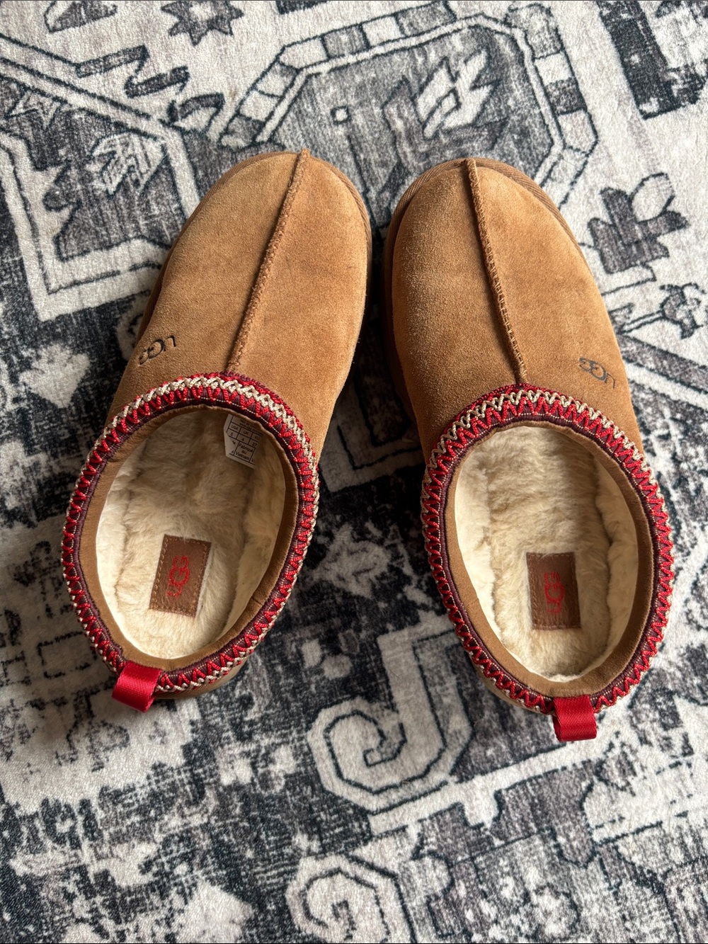 UGG Chestnut Suede Slipper Shoes with Red Trim